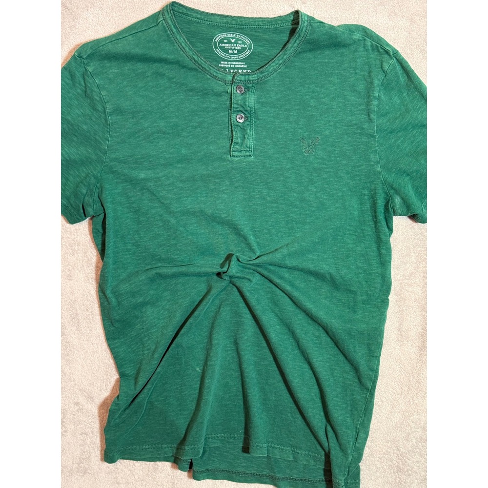 American Eagle Mens Green Henley Shirt Short Sleeve Athletic Fit Slub Knit M